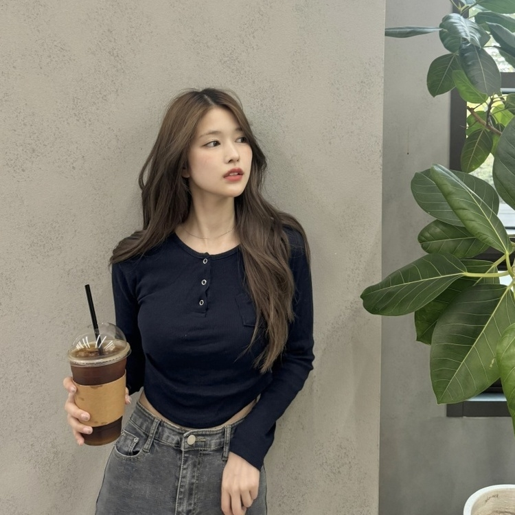 長袖Tシャツ サイドシャーリングスナップボタン長袖Tシャツ8色 NAVY