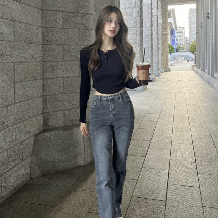 サイドシャーリングスナップボタン長袖Tシャツ8色 NAVY