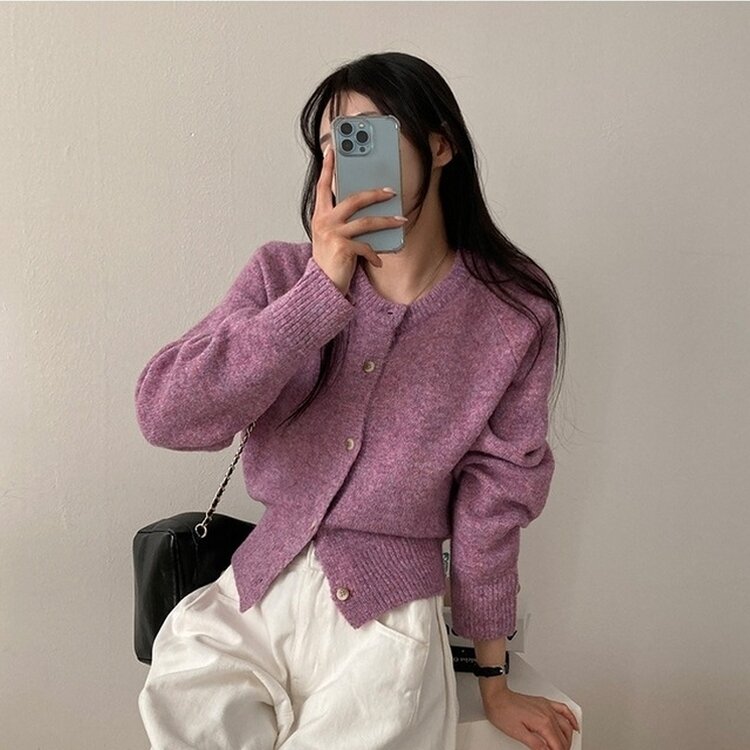 로밴 알파카 울 캐시 라운드 니트 가디건 퍼플