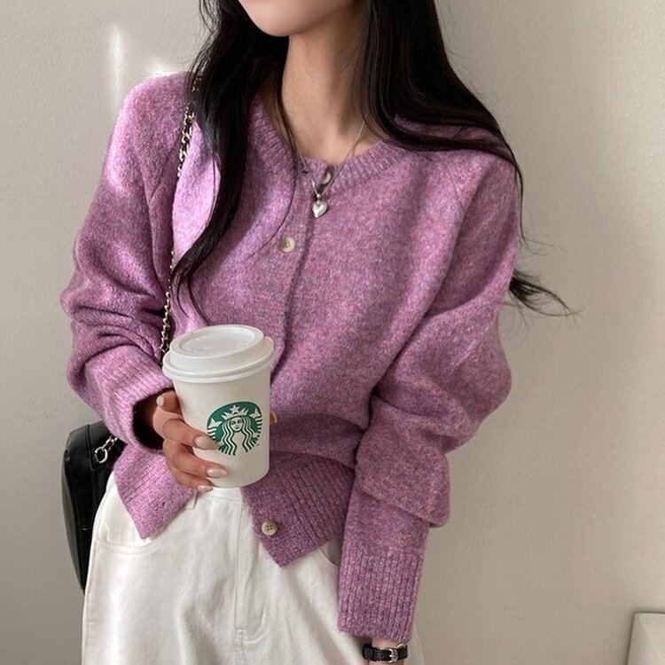 로밴 알파카 울 캐시 라운드 니트 가디건 퍼플