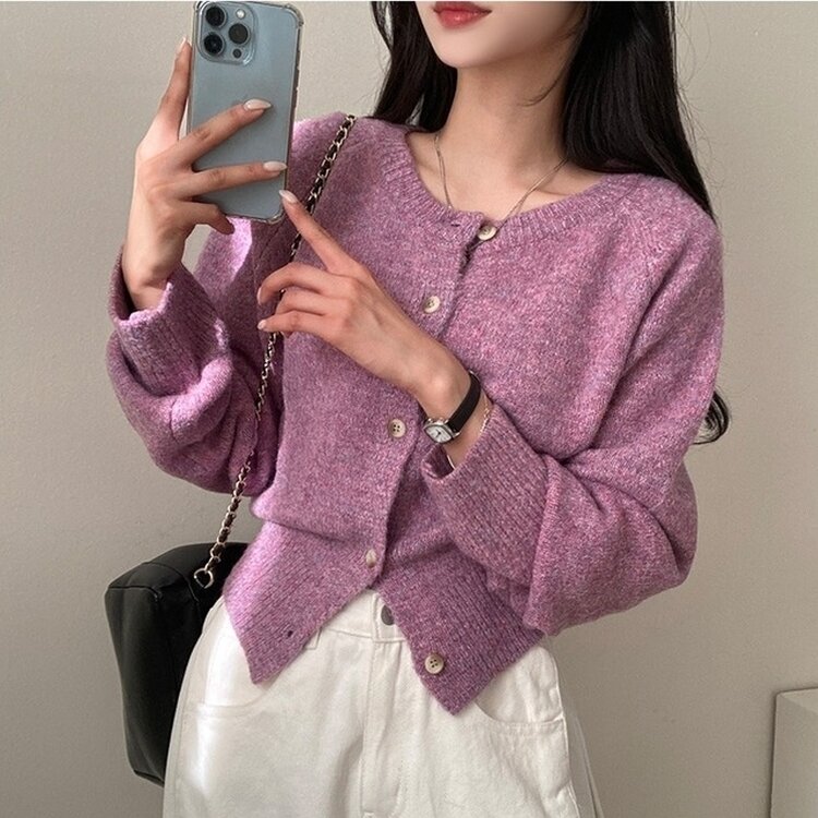 로밴 알파카 울 캐시 라운드 니트 가디건 퍼플