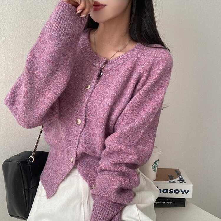 로밴 알파카 울 캐시 라운드 니트 가디건 퍼플