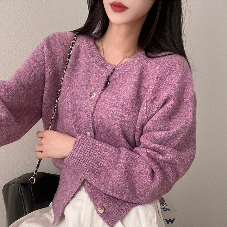 로밴 알파카 울 캐시 라운드 니트 가디건 퍼플