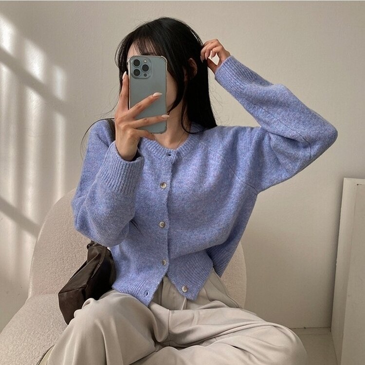 로밴 알파카 울 캐시 라운드 니트 가디건 소라