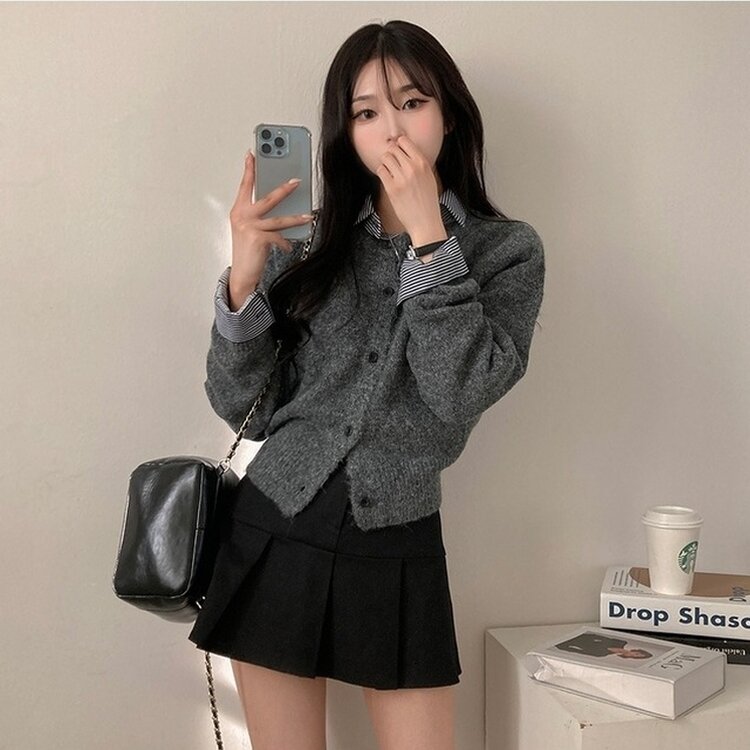 로밴 알파카 울 캐시 라운드 니트 가디건 그레이