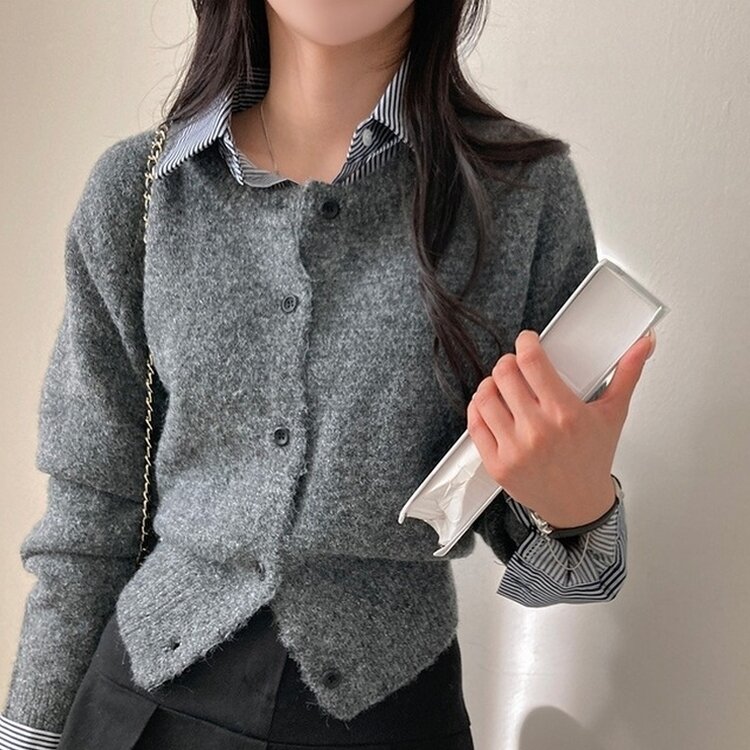 로밴 알파카 울 캐시 라운드 니트 가디건 그레이