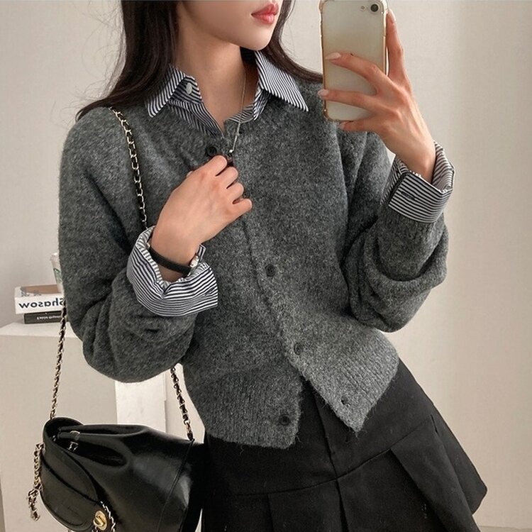 로밴 알파카 울 캐시 라운드 니트 가디건 그레이