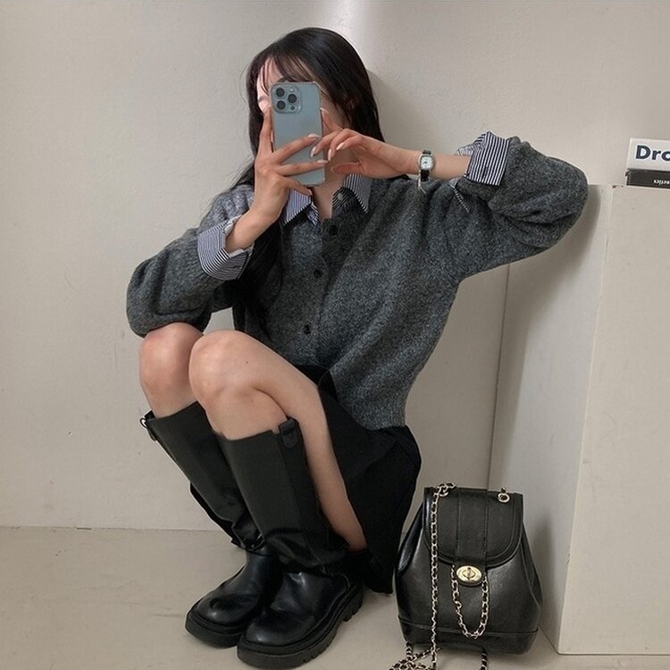 로밴 알파카 울 캐시 라운드 니트 가디건 그레이