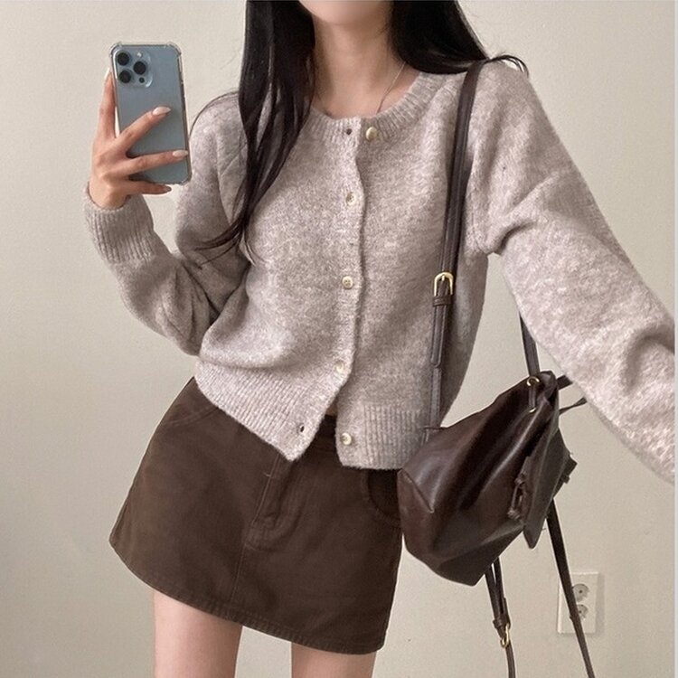 로밴 알파카 울 캐시 라운드 니트 가디건 연밤