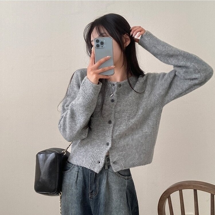 로밴 알파카 울 캐시 라운드 니트 가디건 그레이