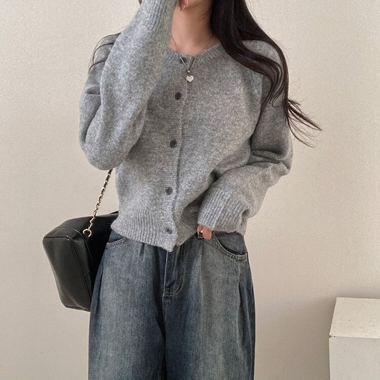 로밴 알파카 울 캐시 라운드 니트 가디건 그레이