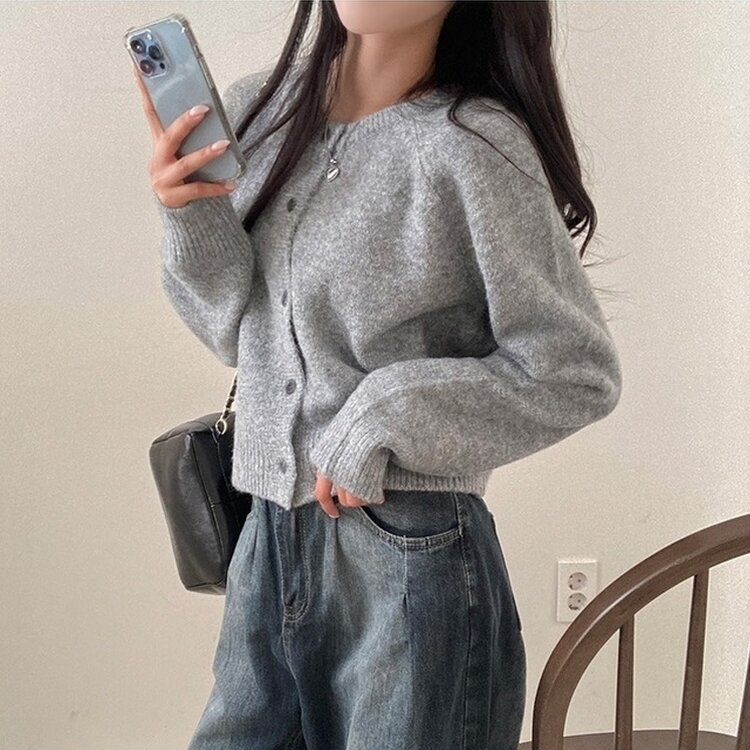 로밴 알파카 울 캐시 라운드 니트 가디건 그레이