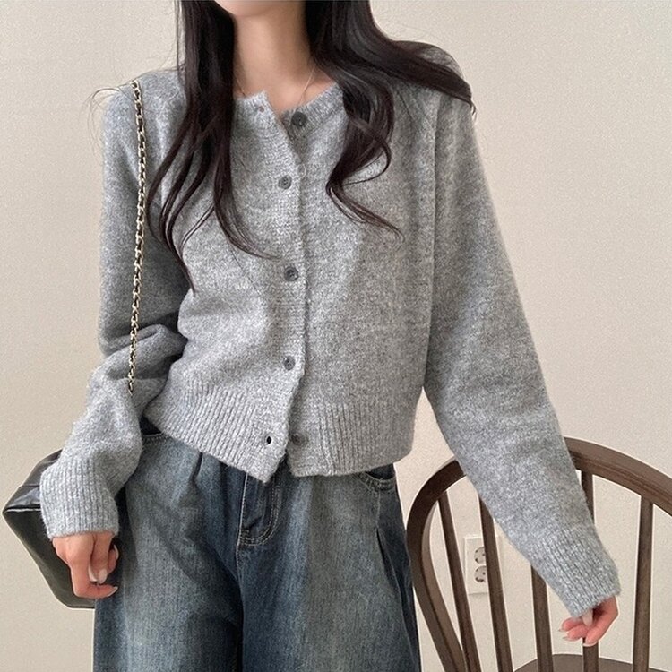 로밴 알파카 울 캐시 라운드 니트 가디건 그레이