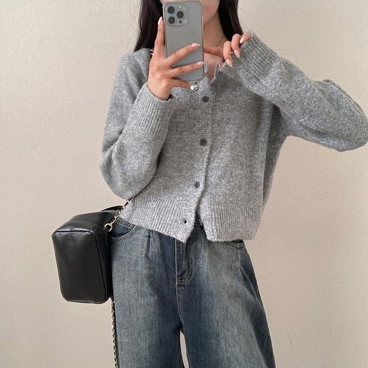 로밴 알파카 울 캐시 라운드 니트 가디건 그레이