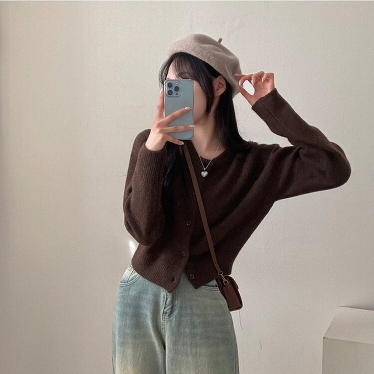 로밴 알파카 울 캐시 라운드 니트 가디건 브라운