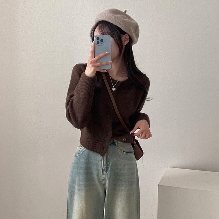 로밴 알파카 울 캐시 라운드 니트 가디건 브라운