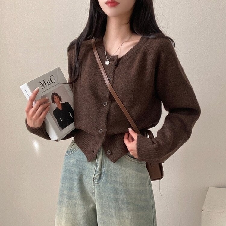 로밴 알파카 울 캐시 라운드 니트 가디건 브라운
