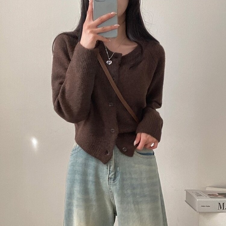 로밴 알파카 울 캐시 라운드 니트 가디건 브라운