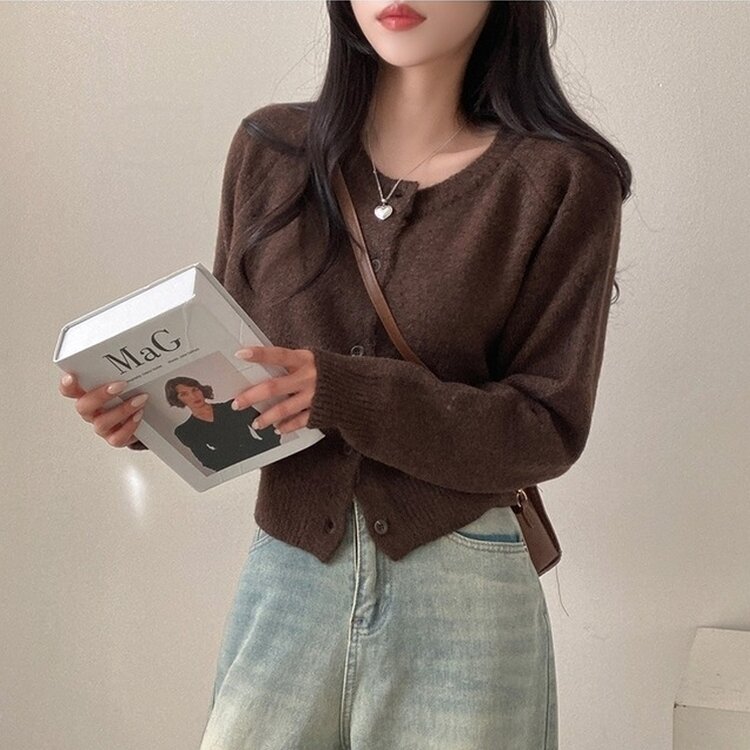 로밴 알파카 울 캐시 라운드 니트 가디건 브라운