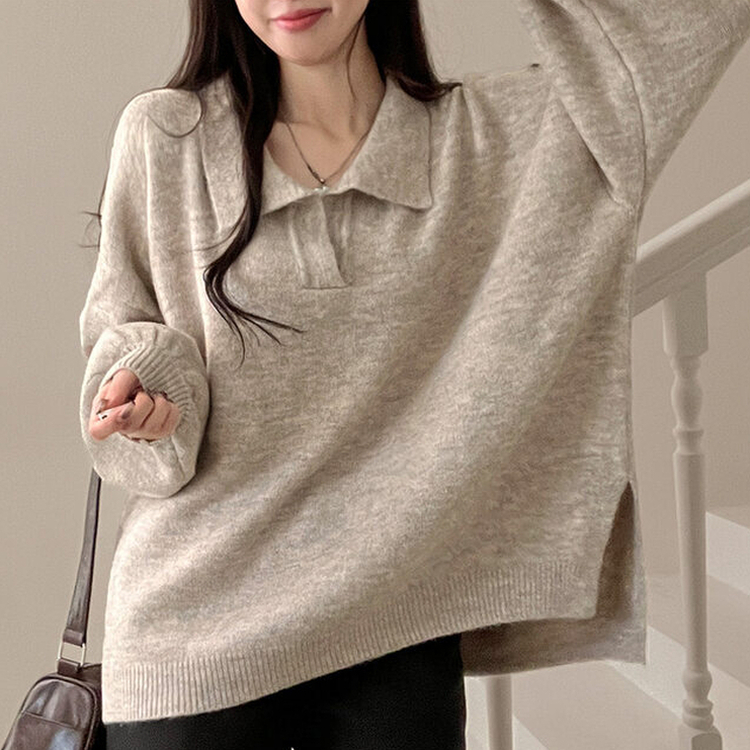 타임 울 벌룬 오버핏 트임 카라 니트 베이지