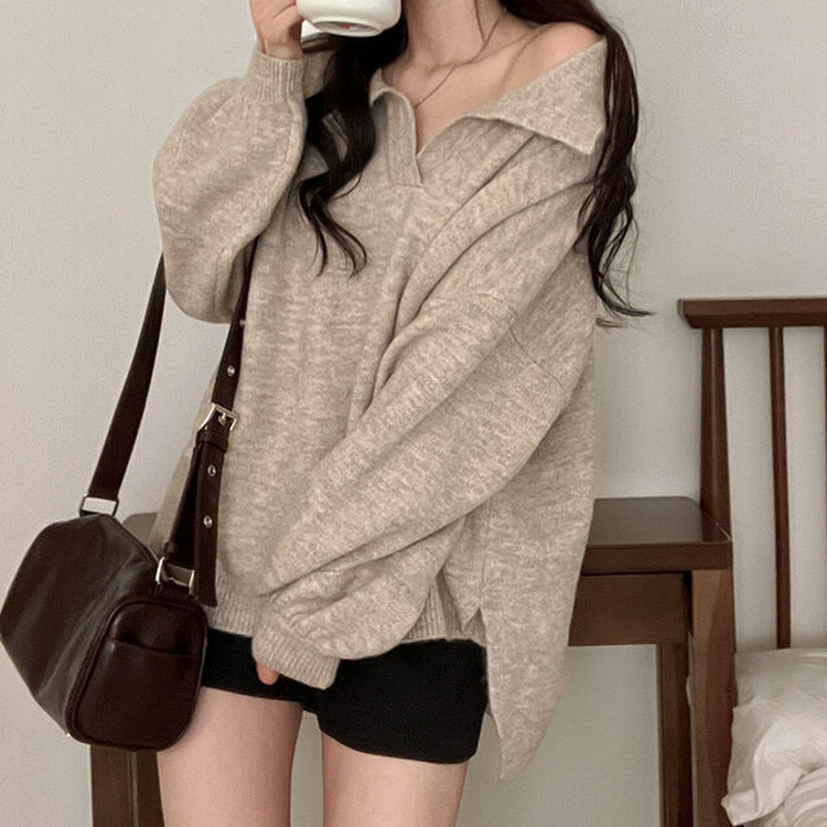 타임 울 벌룬 오버핏 트임 카라 니트 베이지