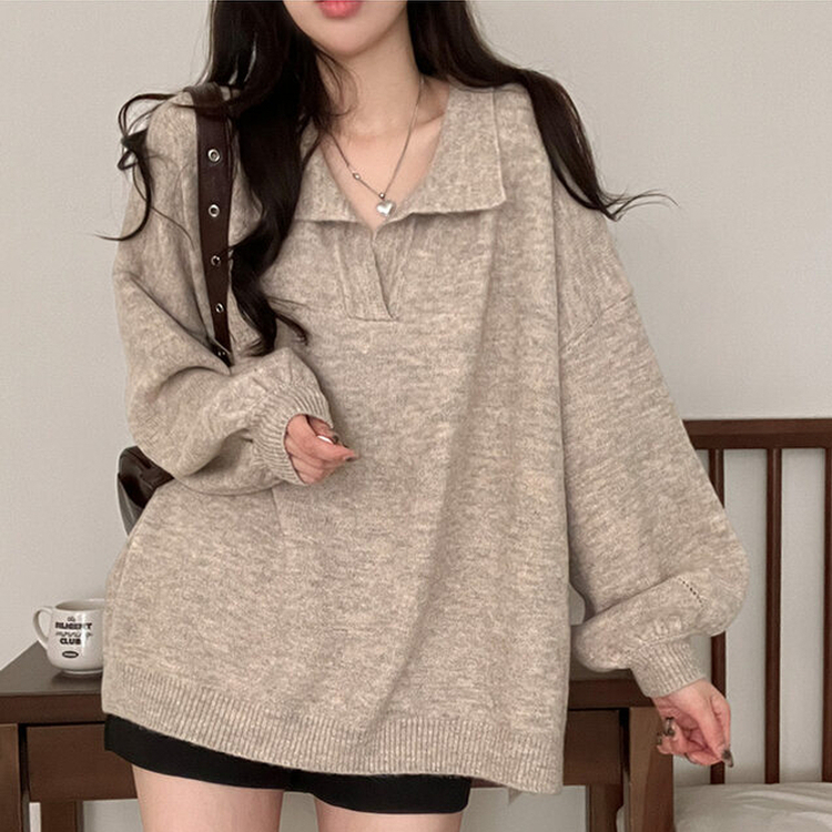 타임 울 벌룬 오버핏 트임 카라 니트 베이지