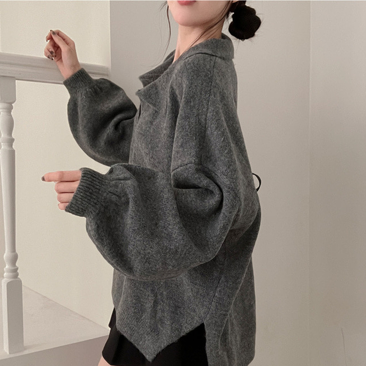 타임 울 벌룬 오버핏 트임 카라 니트 그레이