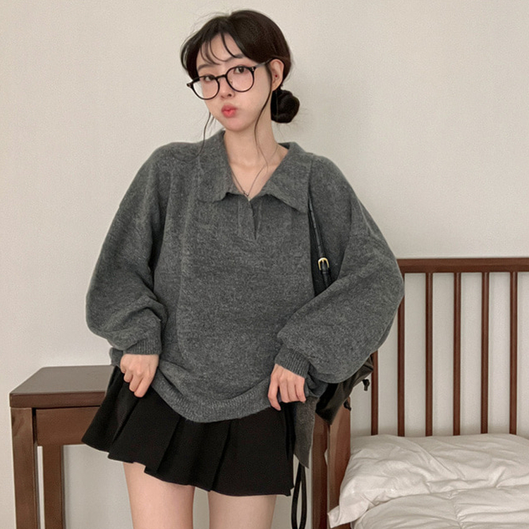 타임 울 벌룬 오버핏 트임 카라 니트 그레이