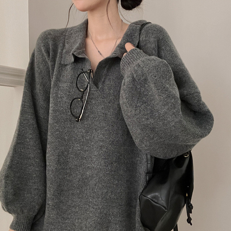 타임 울 벌룬 오버핏 트임 카라 니트 그레이