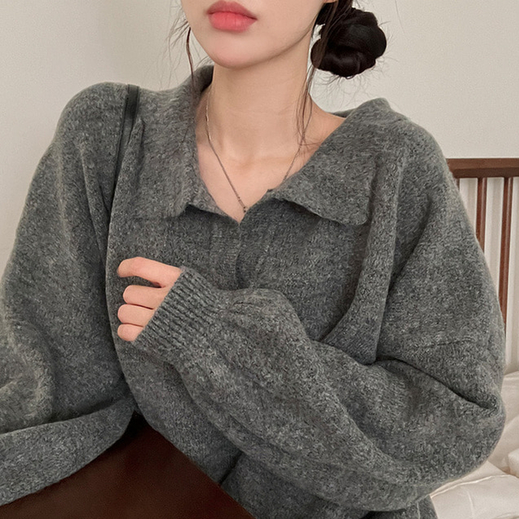 타임 울 벌룬 오버핏 트임 카라 니트 그레이