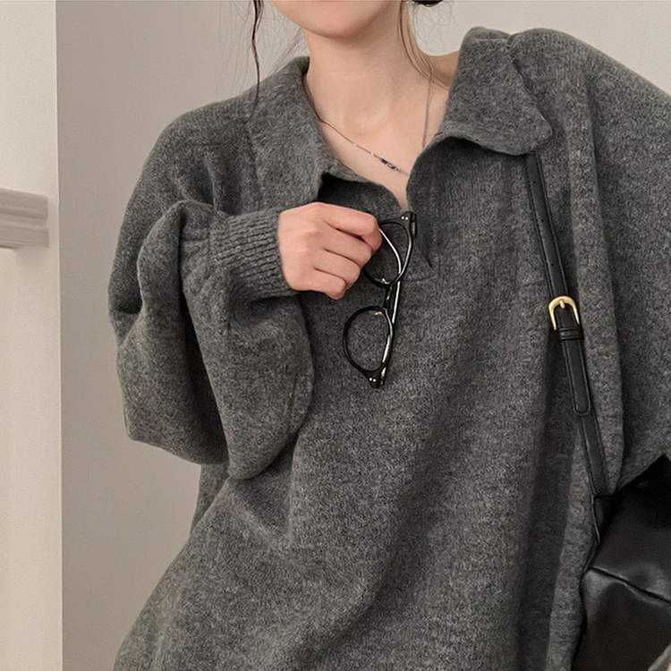 타임 울 벌룬 오버핏 트임 카라 니트 그레이