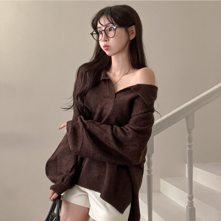 타임 울 벌룬 오버핏 트임 카라 니트 브라운