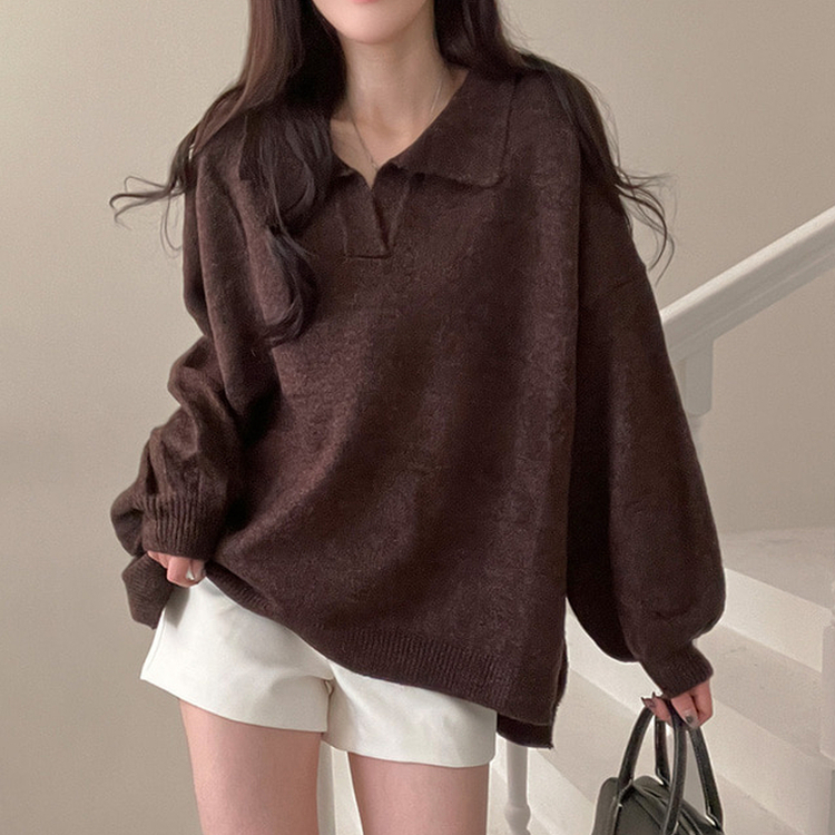 타임 울 벌룬 오버핏 트임 카라 니트 브라운