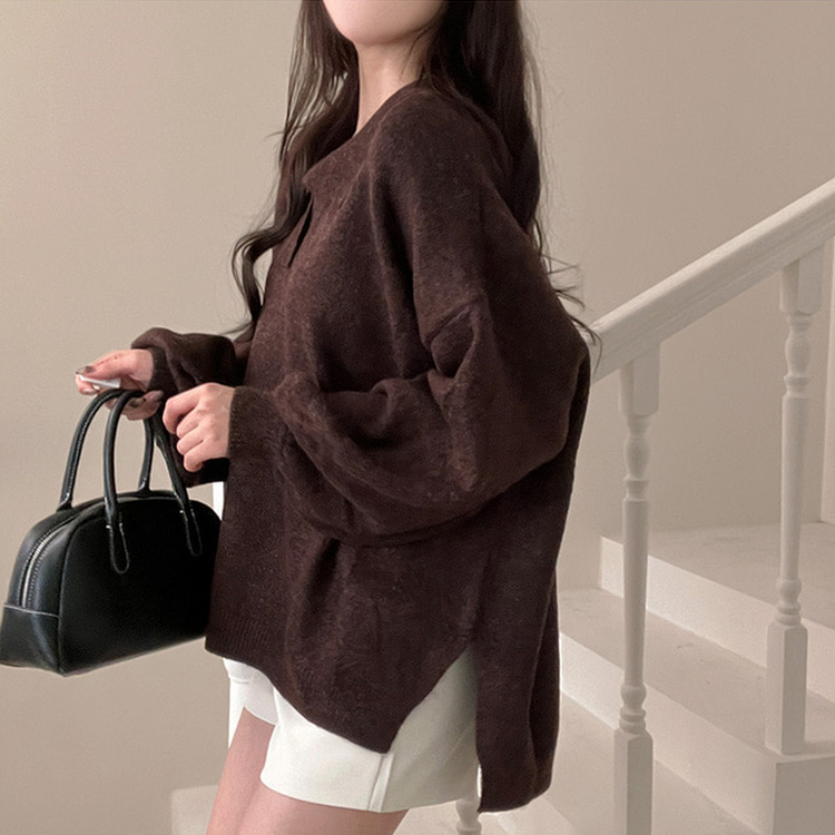 타임 울 벌룬 오버핏 트임 카라 니트 브라운