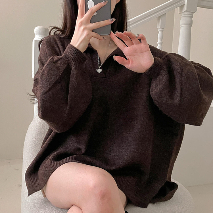 타임 울 벌룬 오버핏 트임 카라 니트 브라운