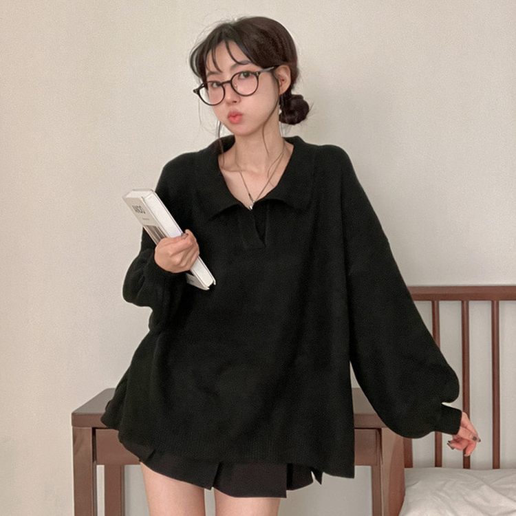 타임 울 벌룬 오버핏 트임 카라 니트 블랙