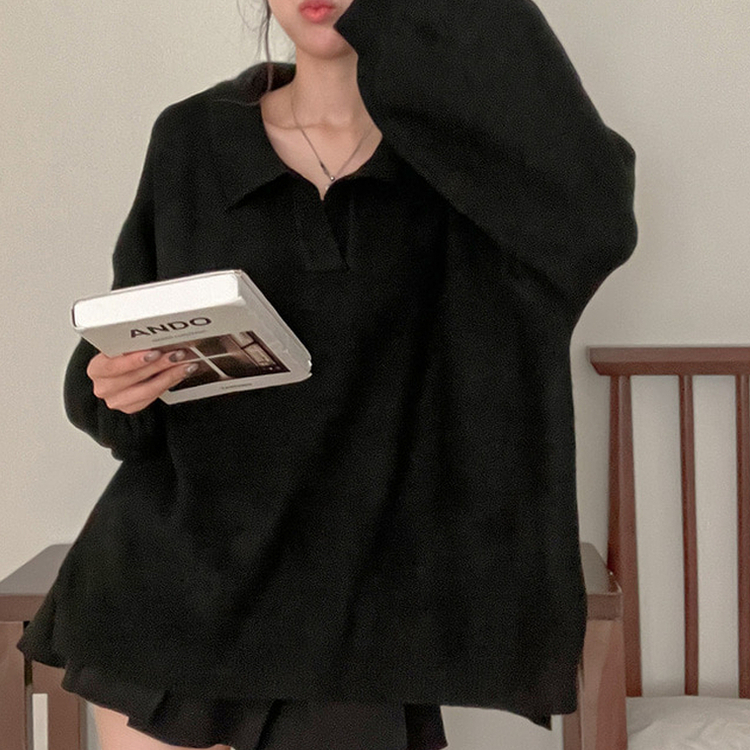 타임 울 벌룬 오버핏 트임 카라 니트 블랙