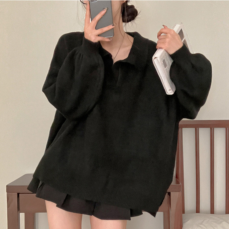 타임 울 벌룬 오버핏 트임 카라 니트 블랙