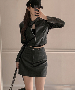 SET】フェイクレザーノーカラージャケットスカート｜ツーピース｜韓国