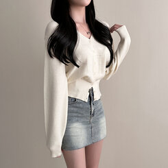 Vネックルーズフィット長袖カーディガン(7color) IVORY