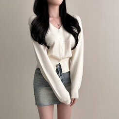 Vネックルーズフィット長袖カーディガン(7color) IVORY