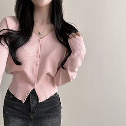 Vネックルーズフィット長袖カーディガン(7color) PINK