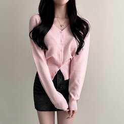 Vネックルーズフィット長袖カーディガン(7color) PINK