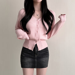 Vネックルーズフィット長袖カーディガン(7color) PINK