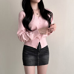 Vネックルーズフィット長袖カーディガン(7color) PINK