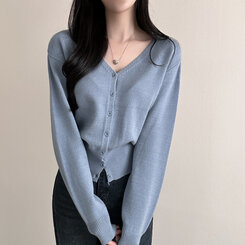 Vネックルーズフィット長袖カーディガン(7color) DEEP SKY BLUE