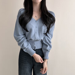 Vネックルーズフィット長袖カーディガン(7color) DEEP SKY BLUE