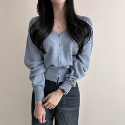 Vネックルーズフィット長袖カーディガン(7color) DEEP SKY BLUE