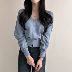 Vネックルーズフィット長袖カーディガン(7color) DEEP SKY BLUE