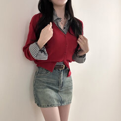 Vネックルーズフィット長袖カーディガン(7color) red